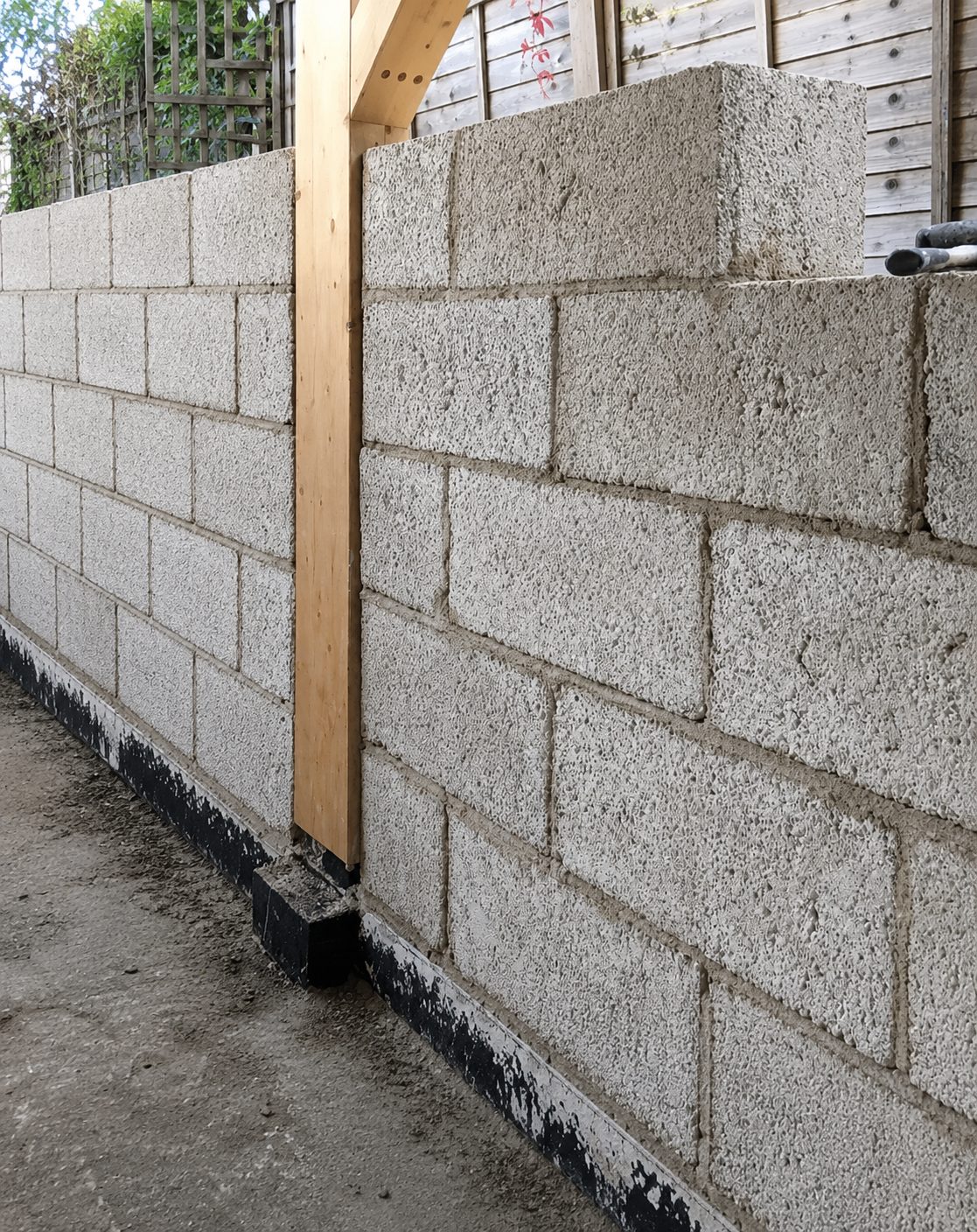 Hempcrete block wall under construction
